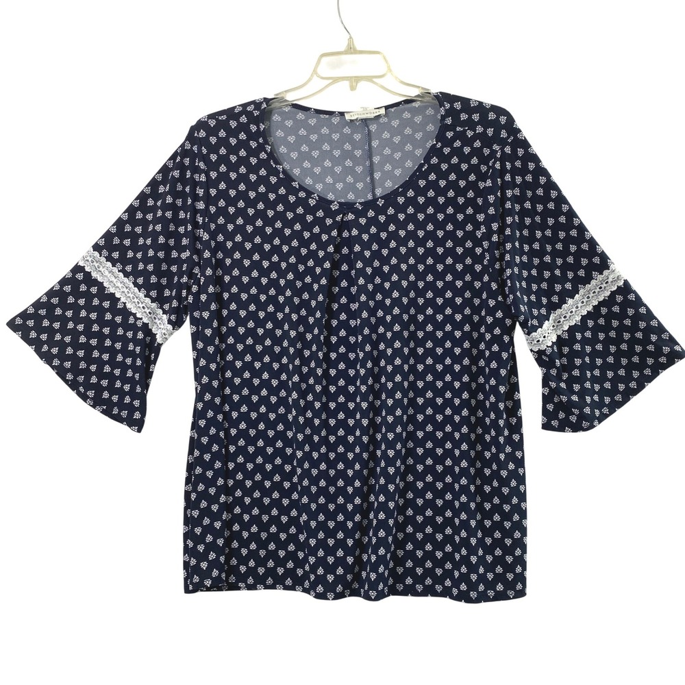 Stitchworks Blouse Womens 2X Navy‎ Blue Boho Crochet Lace Bell Sleeve Top